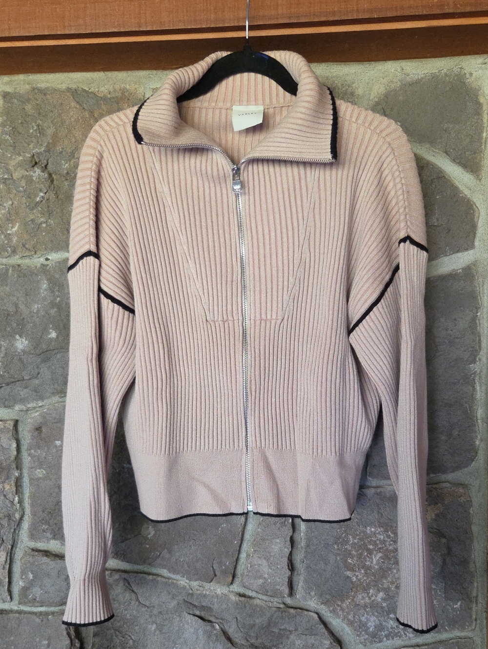 Varley Tan Zip-Up Ribbed Cardigan with Black Trim